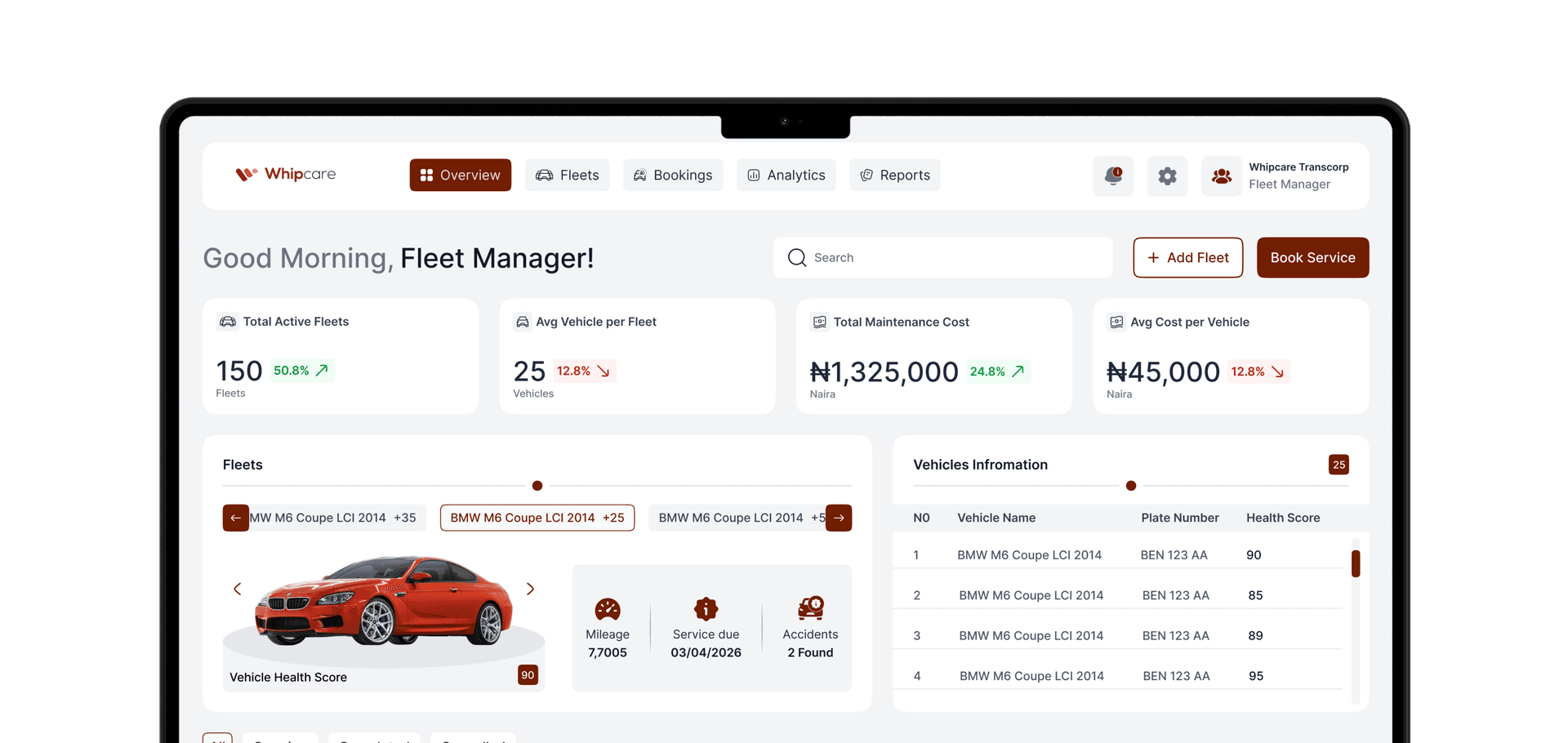 Whipcare fleet management dashboard on a laptop