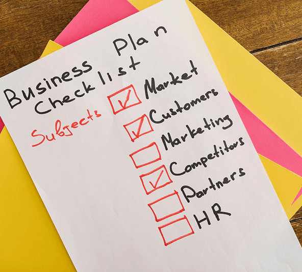 Handwritten Whipcare business plan checklist